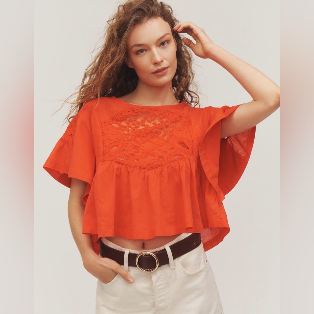 Maeve Short Sleeve Embellished Swing Top-Cherry Tomato -Size XS